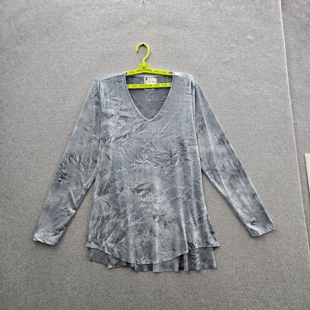 Vocal Women Shirt 1XL Gray Beaded Studded 0V-Neck Pullover Long Sleeve